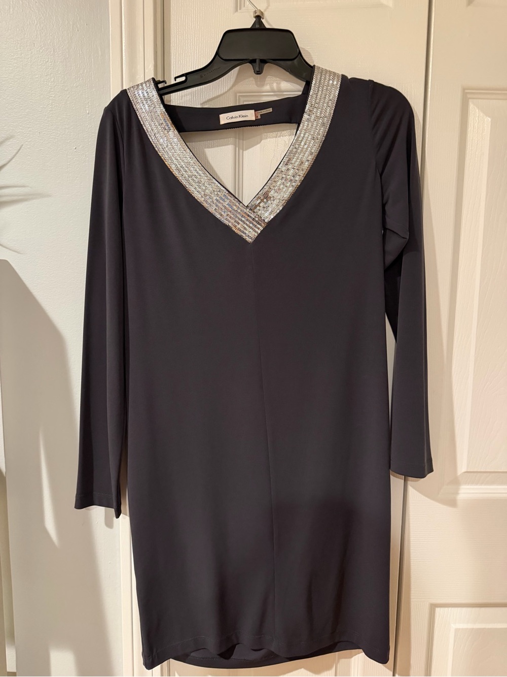 Calvin Klein charcoal Grey Long-Sleeve V-Neck Dress with Silver Sequin Trim